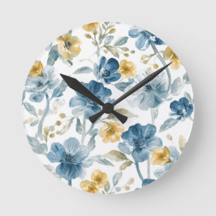 Blaue Gelbe Gartenblumen Botanisches Muster Runde Wanduhr