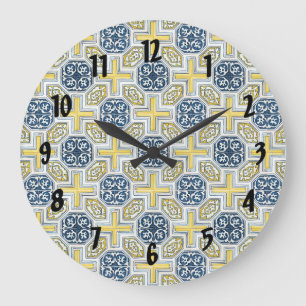 Blaue Gelbe Geometrische Florale Schwarze Zahlen U Große Wanduhr