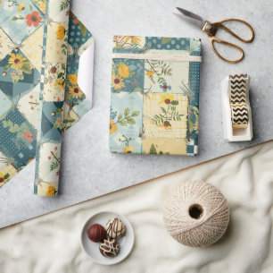 Blaue Gelbe Grüne Patchwork-Quadrate Gingham Cotta Geschenkpapier