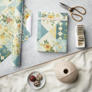 Blaue Gelbe Grüne Patchwork-Quilt-Gingham-Cottagec Geschenkpapier