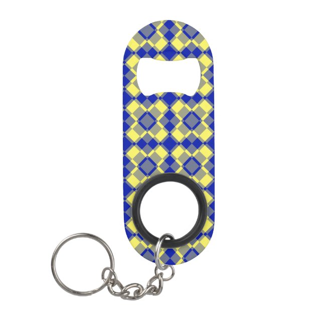 Blaue Gelbe Karo-Argyle-Muster Mini Flaschenöffner (Vorderseite)