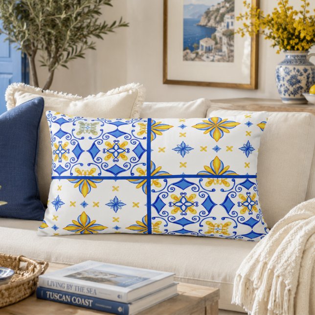 Blaue gelbe mediterrane Fliesen-Patchwork  Dekokissen (Von Creator hochgeladen)