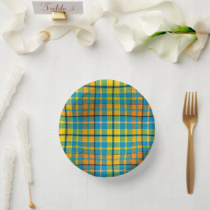 Blaue Gelbe Orange Karierte Tartan-Design Pappteller