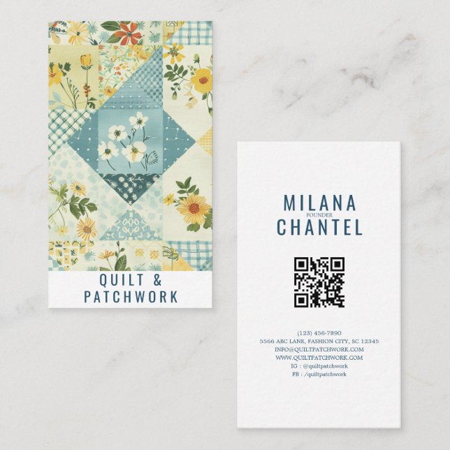 Blaue Gelbe Patchwork-Quilt-Handmade-Kleidung  Visitenkarte (Vorne/Hinten)