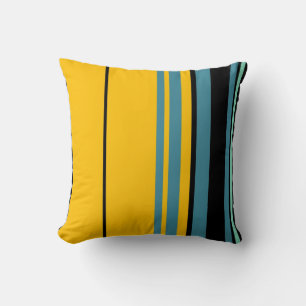 Blaue, gelbe Retro Streifen Art Design Kissen
