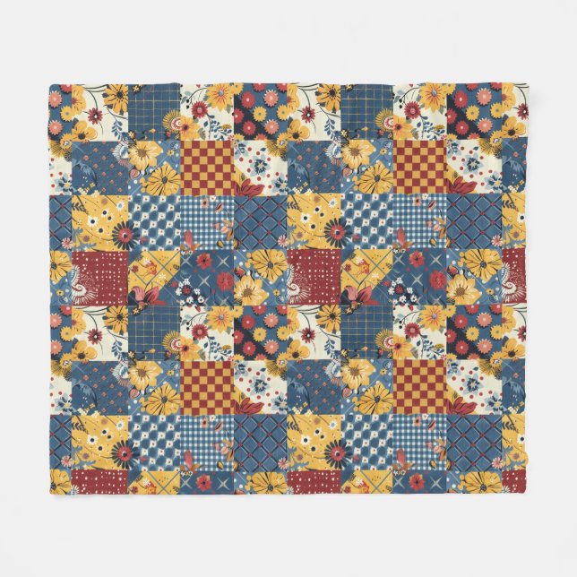 Blaue Gelbe Rote Patchwork-Quiltdecke Gingham Blum Fleecedecke (Vorderseite (Horizontal))