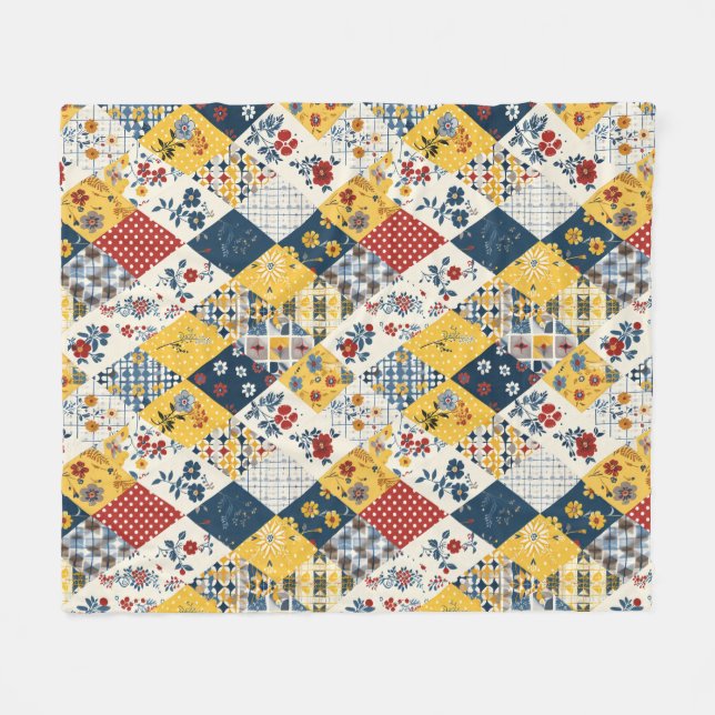 Blaue Gelbe Rote Quilt-Patchwork-Gingham-Blumenmus Fleecedecke (Vorderseite (Horizontal))