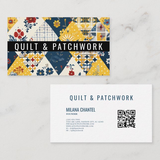 Blaue Gelbe Rote Quilt-Patchwork-Handmade-Kleidung Visitenkarte (Vorne/Hinten)