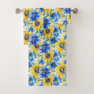 Blaue Gelbe Sonnenblumen Floral Badhandtuch Set