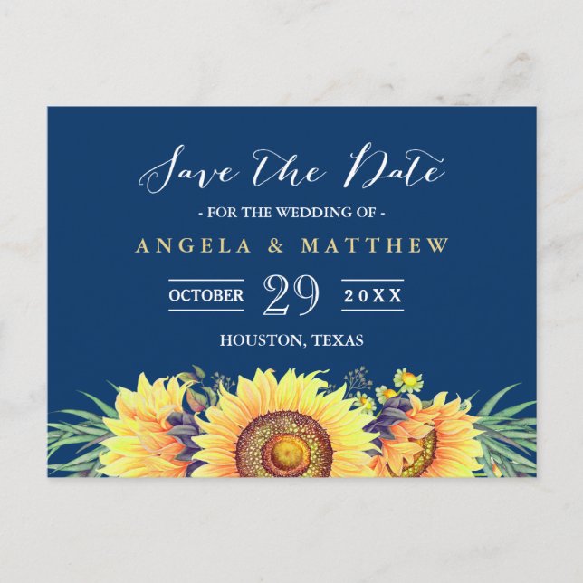 Blaue Gelbe Sonnenblumen Hochzeit retten das Datum Ankündigungspostkarte (Vorderseite)