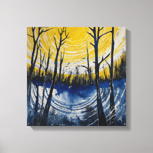 Blaue gelbe Sonnenuntergangswälder Leinwanddruck