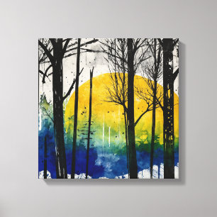 Blaue gelbe Sonnenuntergangswälder Leinwanddruck