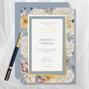 Blaue Gelbe und Weiße Florale Hochzeit Gold Folieneinladung