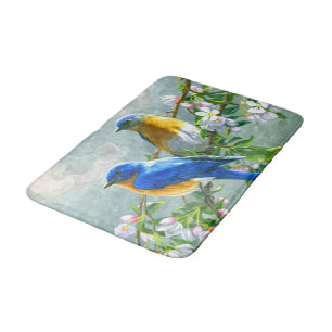 Blaue Gelbe Vögel Kirschblossom Bäume Malerei Badematte