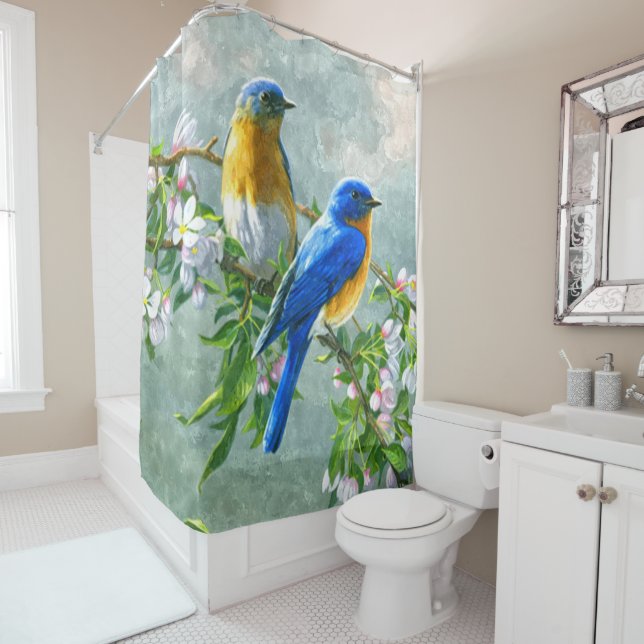 Blaue Gelbe Vögel Kirschblossom Bäume Malerei Duschvorhang (Beispiel)
