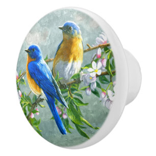 Blaue Gelbe Vögel Kirschblossom Bäume Malerei Keramikknauf