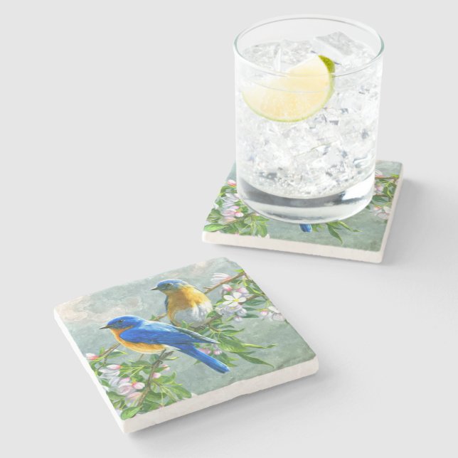Blaue Gelbe Vögel Kirschblossom Bäume Malerei Steinuntersetzer (Seitenansicht)