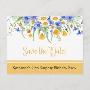 Blaue gelbe weiße Wildblumen Save the Date Ankündigungspostkarte