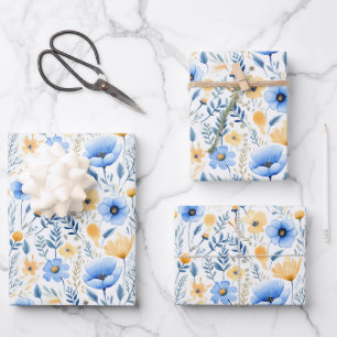 Blaue gelbe Wildblumen Boho Baby Brautparty  Geschenkpapier Set