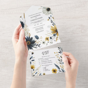 Blaue Gelbe Wildblumen Elegante Florale Hochzeit All In One Einladung