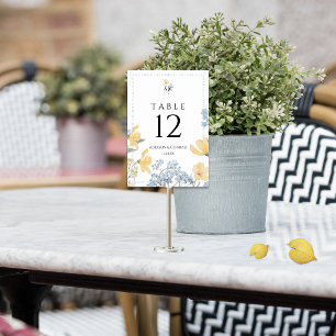 Blaue & Gelbe Wildblumen-Monogramm-Hochzeit Tischnummer