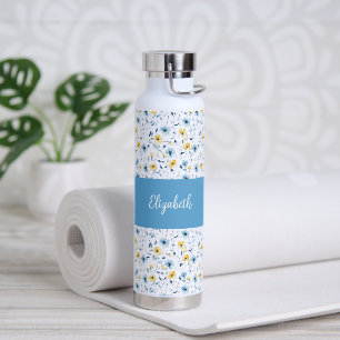 Blaue Gelbe Wildblumen-Wasserfarbe-Monogramm-Name Trinkflasche
