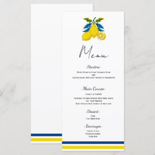 Blaue Gelbe Zitrone Mediterrane Hochzeitsmenü Menükarte