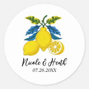 Blaue Gelbe Zitronen Aquarell Mittelmeer-Hochzeit Runder Aufkleber