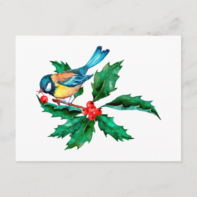 Blaue Gelbvögel auf der Zweigstelle Holly Berry Postkarte (Vorderseite)