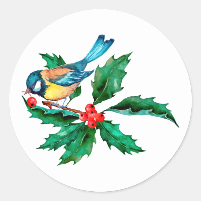 Blaue Gelbvögel auf der Zweigstelle Holly Berry Runder Aufkleber (Vorderseite)