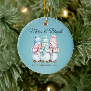 Blaue gemütliche Schneemänner Frohe Weihnachten Fa Keramik Ornament
