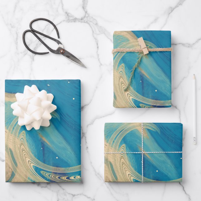 Blaue geometrische Abstrakte Waves Geschenkpapier Set (Vorderseite)