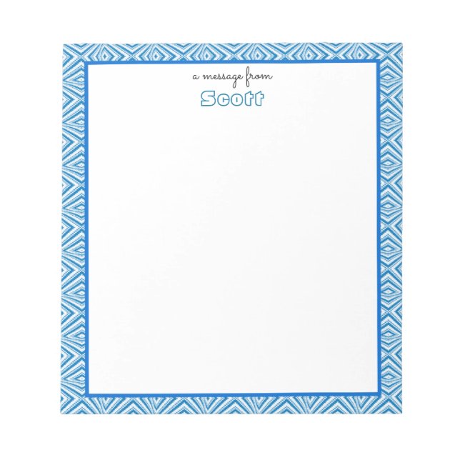 Blaue geometrische Grenze mit Monogramm Notizblock (Vorderseite)