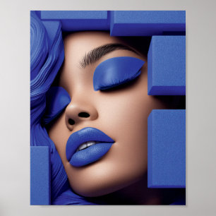 Blaue geometrische Porträt einer schwarzen Frau Poster