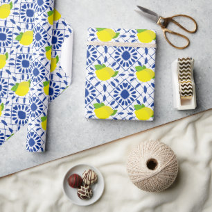 Blaue geometrische Zitronenfliese Geschenkpapier