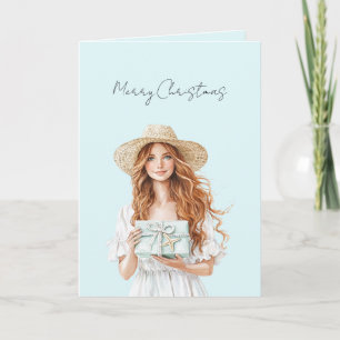Blaue Geschenk Rote Haar Frau Weihnachten   Karte