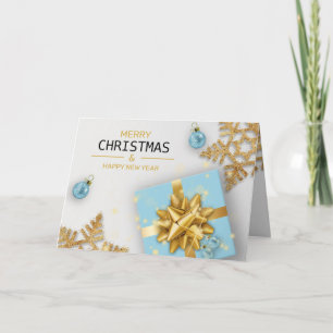 Blaue Geschenkbox Weihnachtskugeln Gold Schneefloc Karte