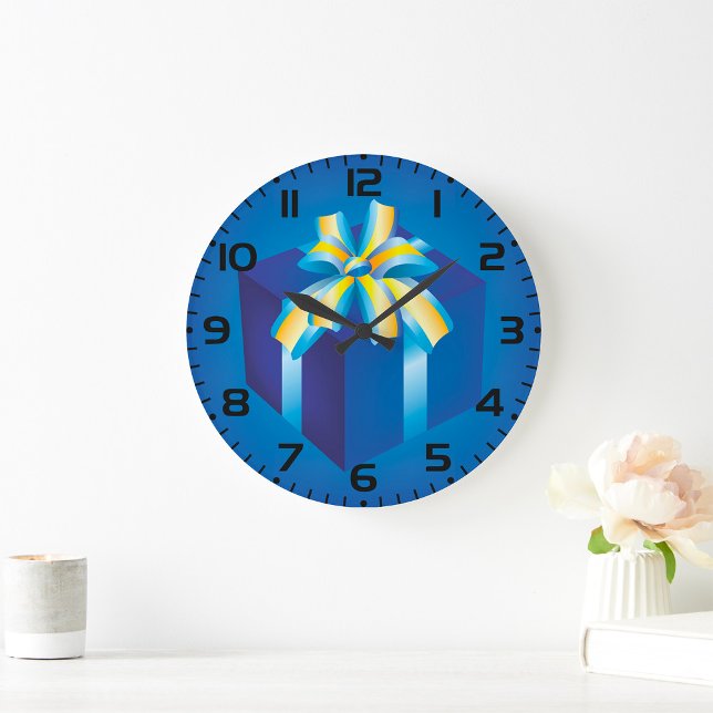 Blaue Geschenkboxen mit Gelb und Aqua Ribbon Große Wanduhr (Von Creator hochgeladen)