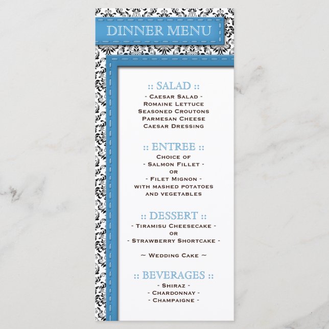 Blaue gesteppte Damask Hochzeitsmenü des Empfangs Menükarte (Vorderseite)