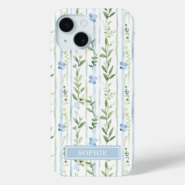 Blaue gestreifte Blumen personalisiert Case-Mate iPhone Hülle (Rückseite)