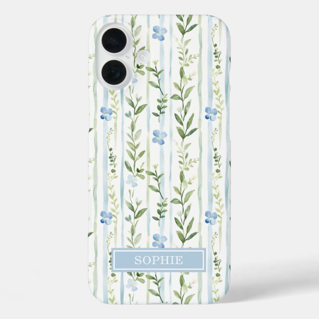 Blaue gestreifte Blumen personalisiert iPhone 16 Plus Hülle (Rückseite)