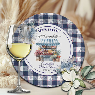 Blaue Gingham-Aus-dem-Handel-Blumen-Brautparty Pappteller