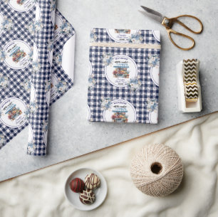 Blaue Gingham Außerhalb des Marktes Florale Hochze Geschenkpapier