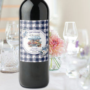 Blaue Gingham Außerhalb des Marktes Florale Hochze Weinetikett