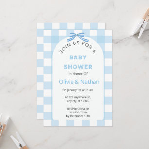 Blaue Gingham-Baby-Einladung, Blaues Baby Boy Einladung