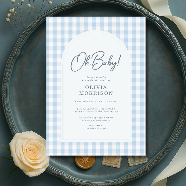 Blaue Gingham-Baby-Party Einladung (Von Creator hochgeladen)
