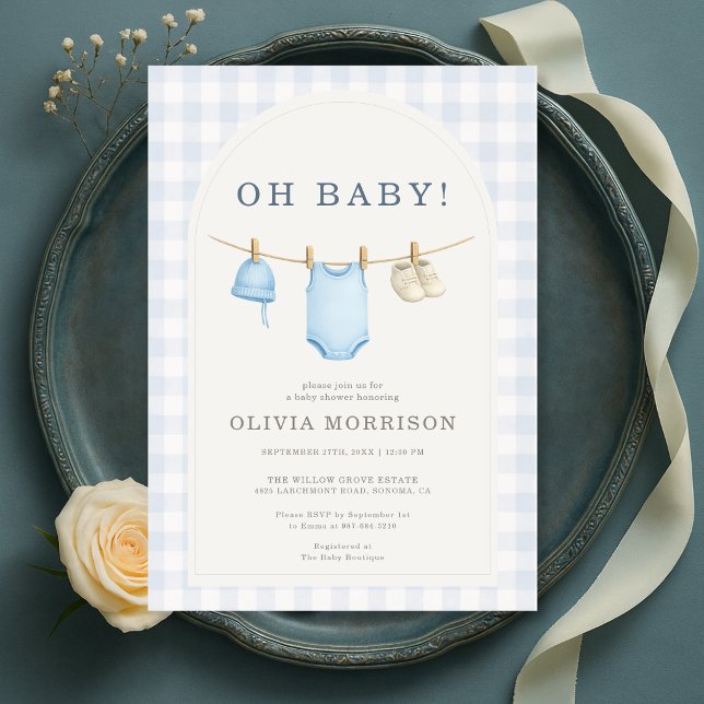 Blaue Gingham-Baby-Party Einladung (Von Creator hochgeladen)