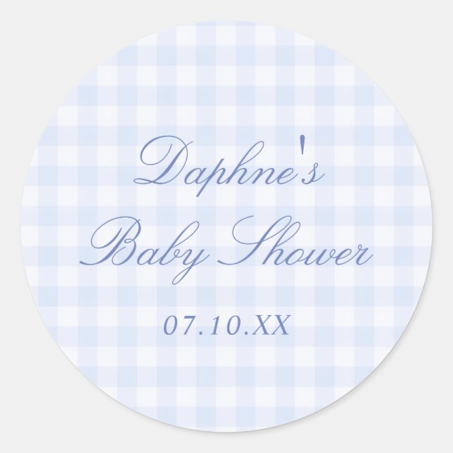 Blaue Gingham-Baby-Party Runder Aufkleber (Vorderseite)