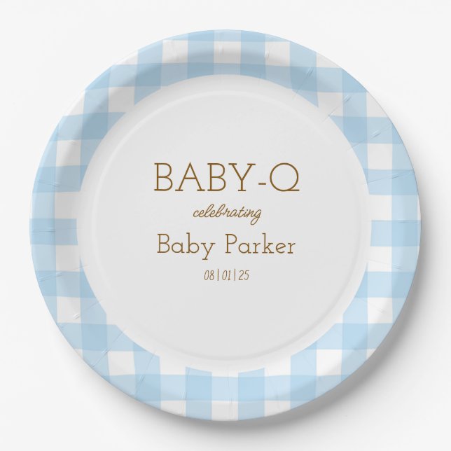 Blaue Gingham-Baby-Q-Rundplatte 2 Pappteller (Vorderseite)
