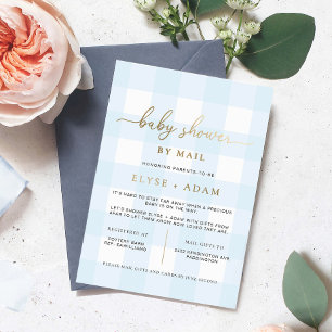 Blaue Gingham-Baby-Shower-Einladung per Post mit F Folieneinladung